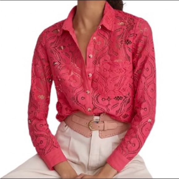 Maeve Tops - ANTRHRO MAEVE 10 Pink Button-down Open Lace Blouse with roll tab sleeves in EUC
